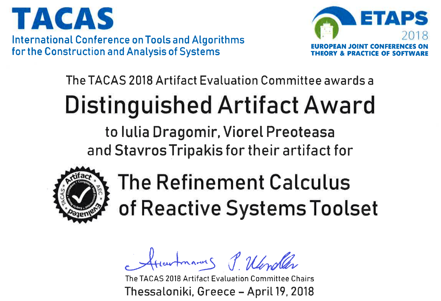 TACAS 2018 Distinguished Artifact Award